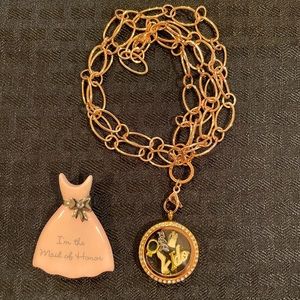 Pink Dress Maid of Honor Brooch Pin and Bride Charm Knecklace